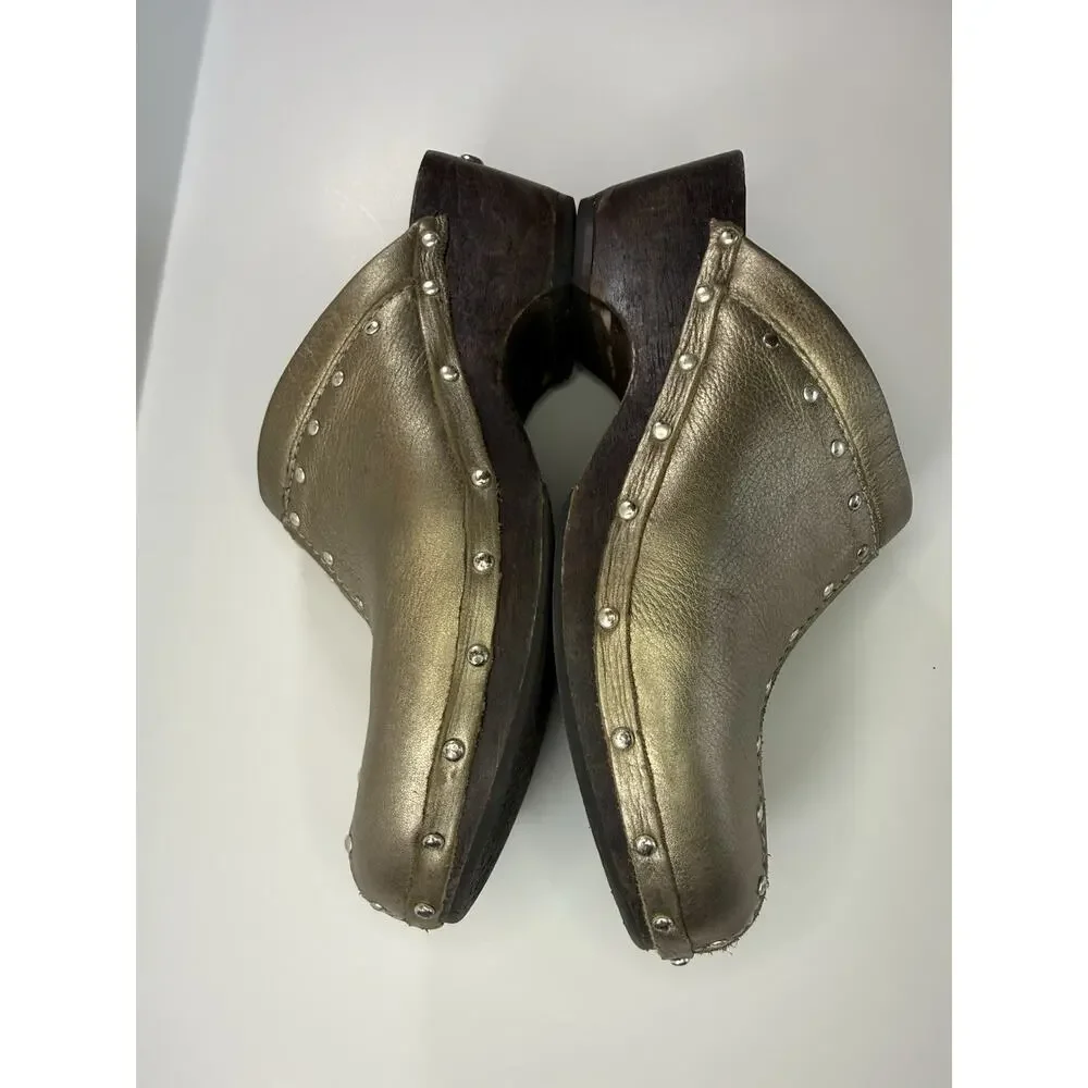Michael Kors Gold Studded Leather Mule Wedge Heels Closed Toe Slip On 8 M